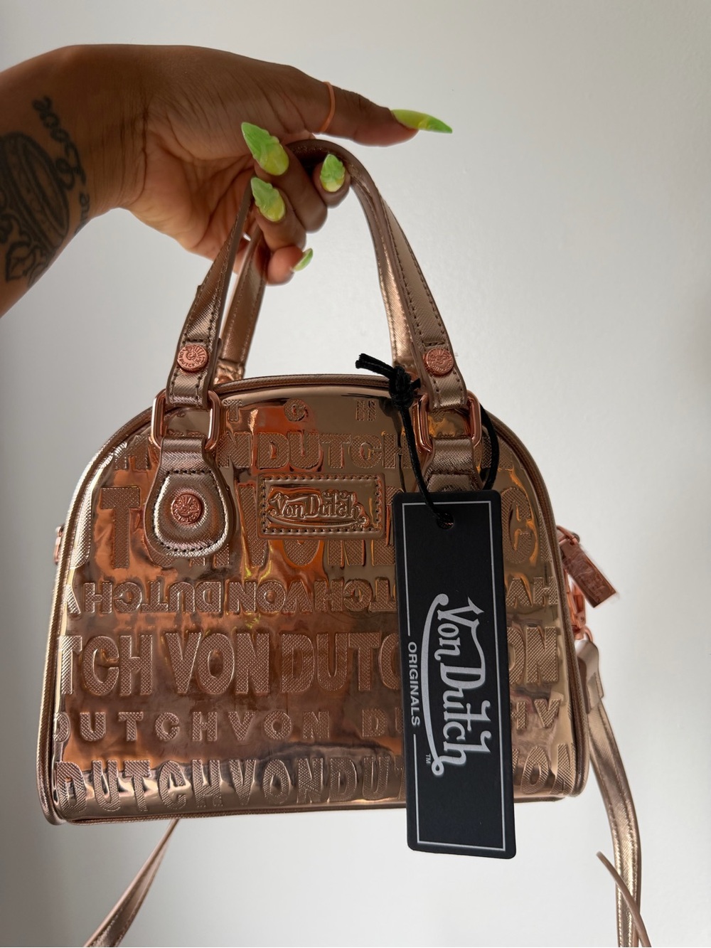 Von Dutch Metallic Rose Gold Embossed Mini Satchel